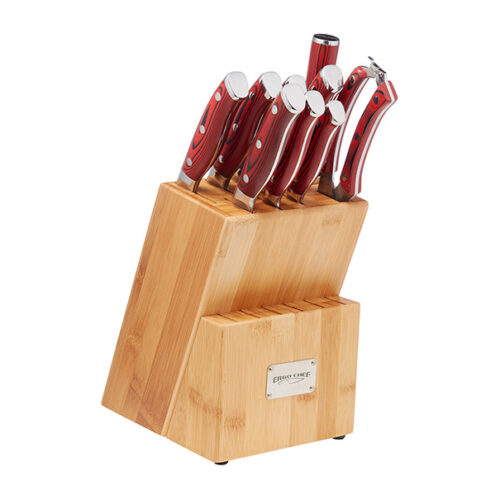 10pc Ergonomic Crimson knife block set on white background