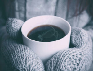 Mittens with coffee winter blues pic
