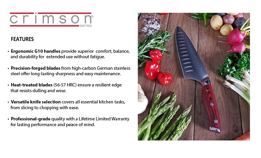 Crimson Series Header Crimson Series knives by Ergo Chef Image of knife and details