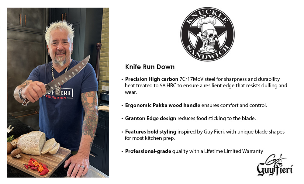 New Guy header Guy Fieri Knuckle Sandwich Image of Guy with knife and features of knife line.