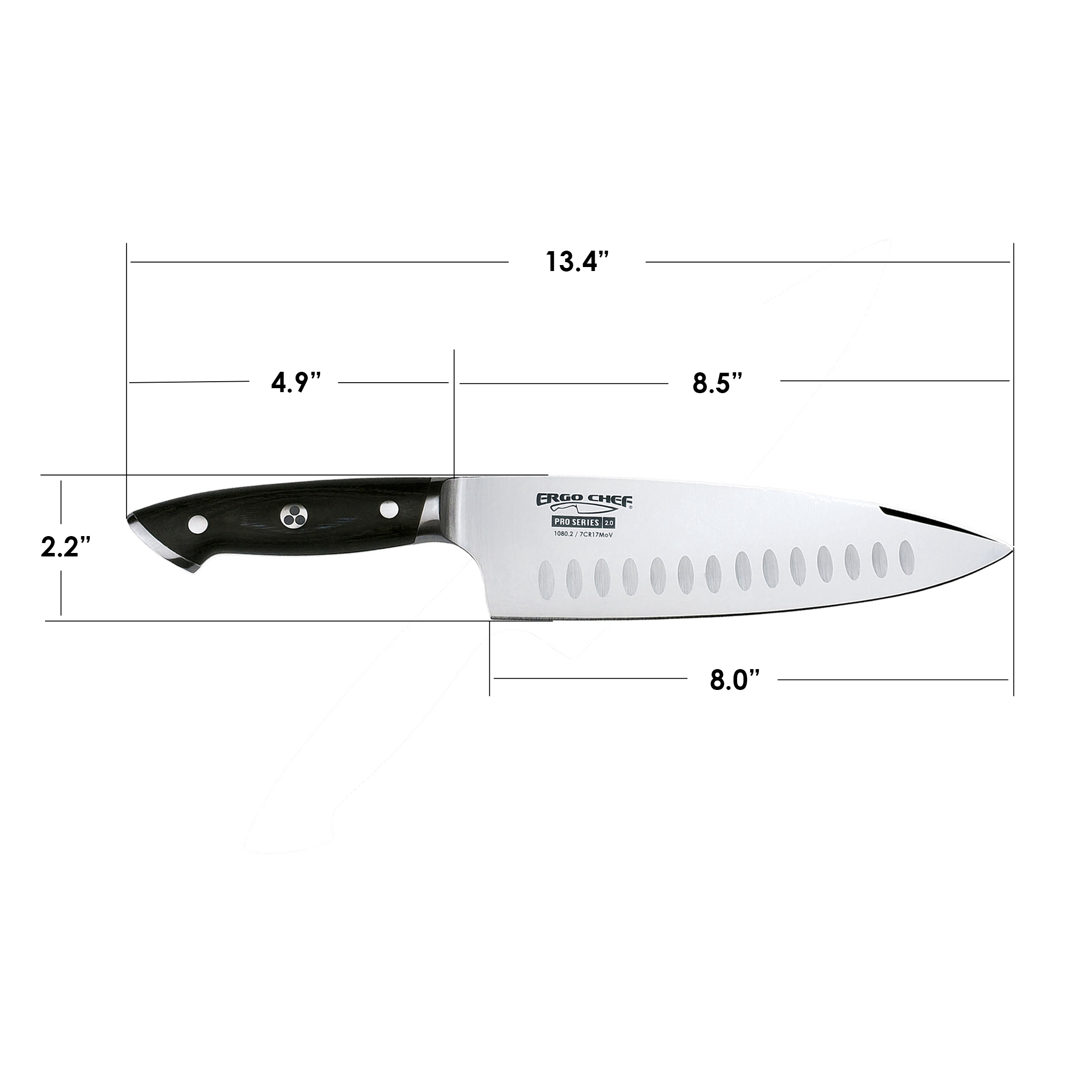 Pro Series 8 inch Chef's knife showing dimensions. Blade Length: 8″ Blade Height: 2.25″ Blade Thickness: .095″ Handle Length: 4.625″ Handle Width: .800″ Handle Belly Height: 1.125″ Weight: 9.0 Oz.